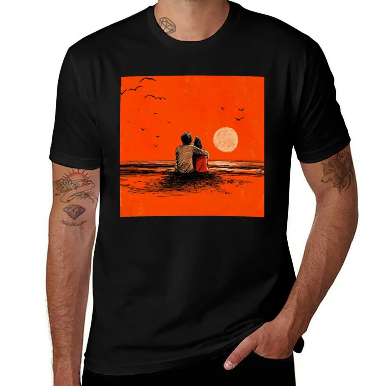 

Sunset Embrace – Love in Sketch T-Shirt shirts graphic tee summer 2025 cheap stuff basketball graphic tees mens graphic t-shirts