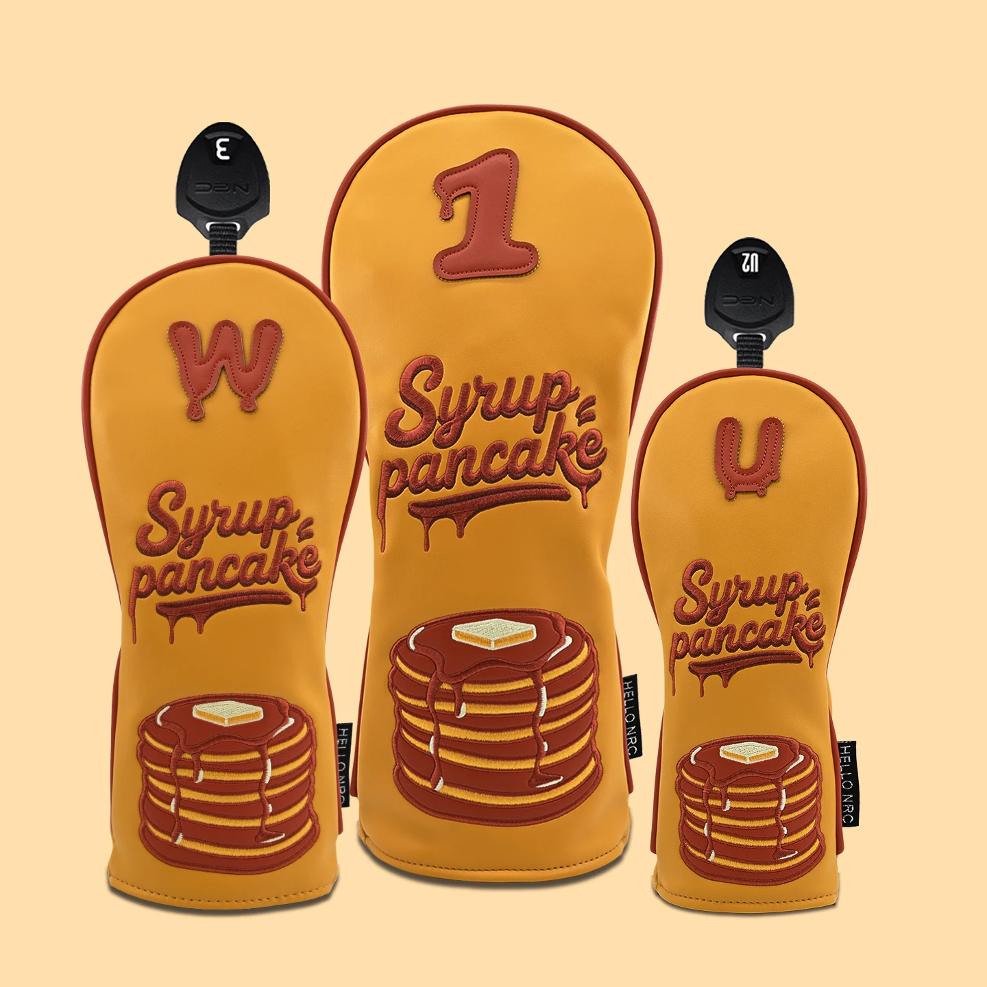 Golf Driver Headcover Brown PU Leather Syrup Pancake Patch Embroidery Fairway Wood Hybrid Golf Club Covers