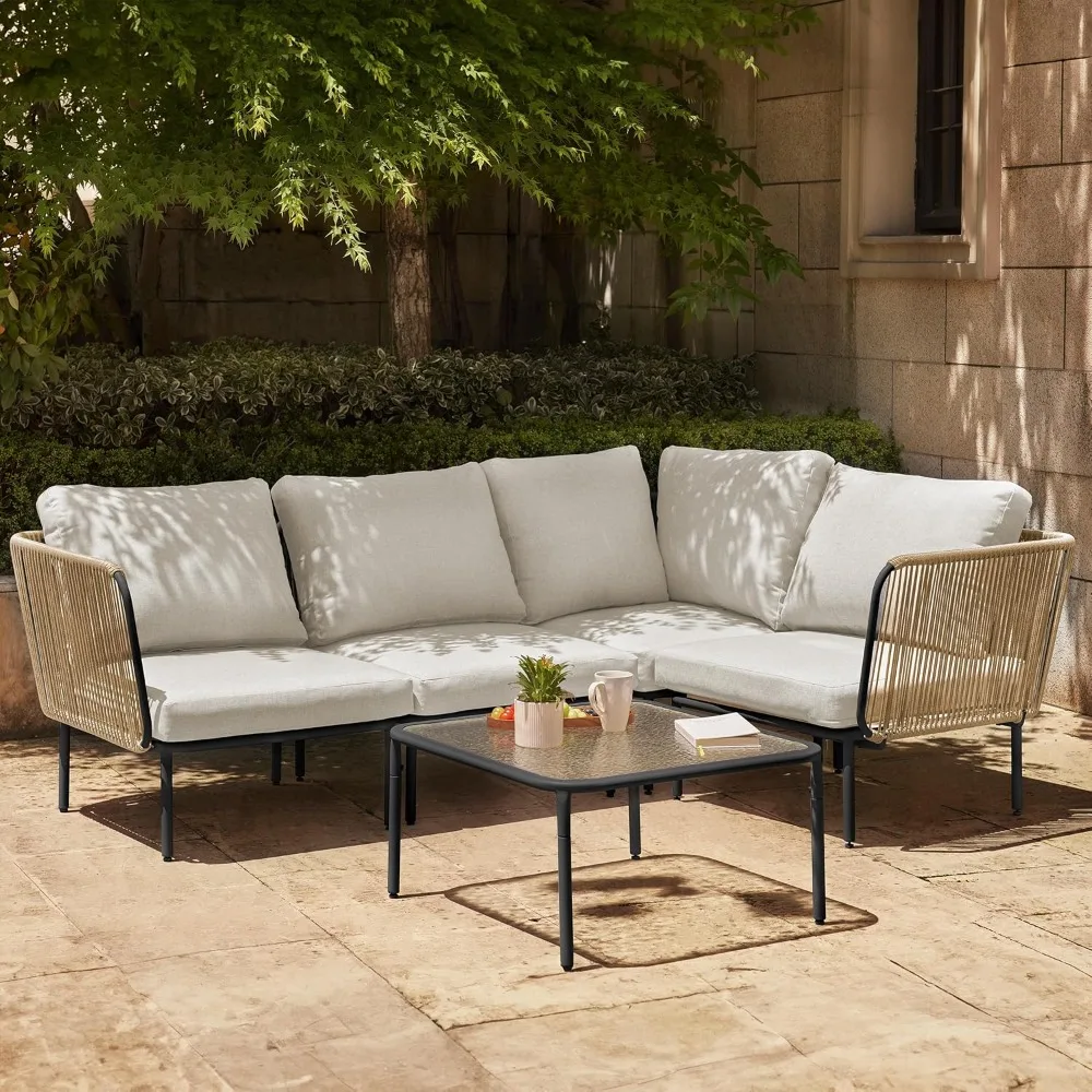 Patio Furniture Set, Outdoor Corner Sofa with Cushion and Glass Coffee Table, Modern Patio Conversation Sets, 5-Piece