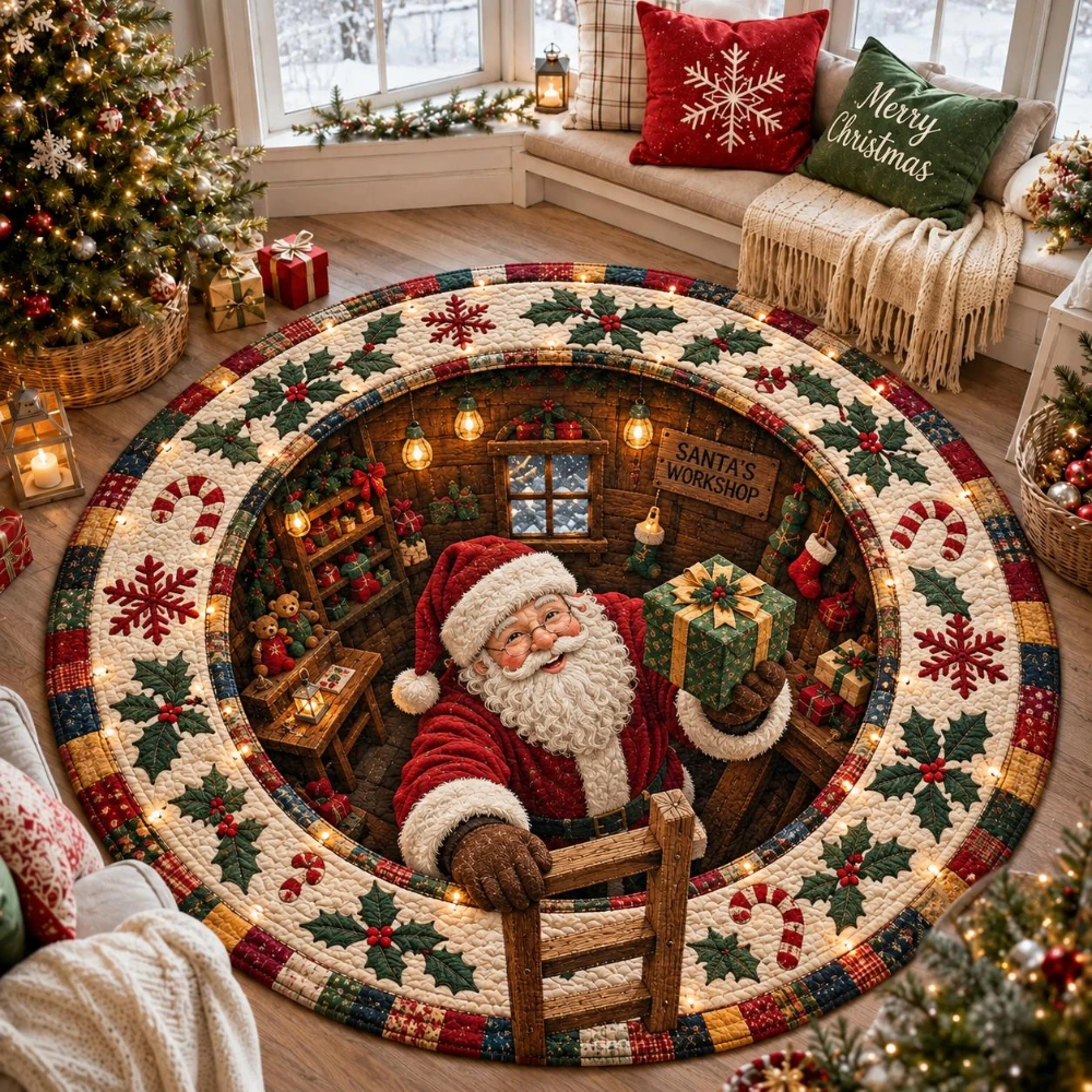 Beautiful Living Room Santa Workshop Floor Mat Brick Well Area Rug Warm Bedroom Entryway Festive Large Round Rug
