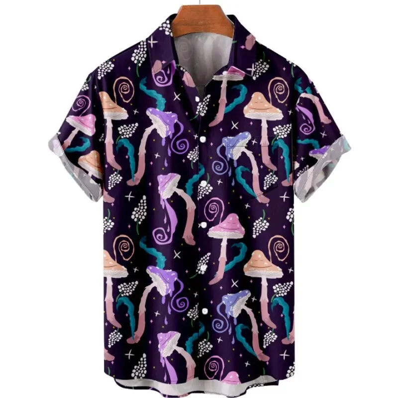 3D Fantasy Mushroom Print short-sleeved Shirt 2023 New men's Casual turn-down Collar Print short-sleeved shirt.