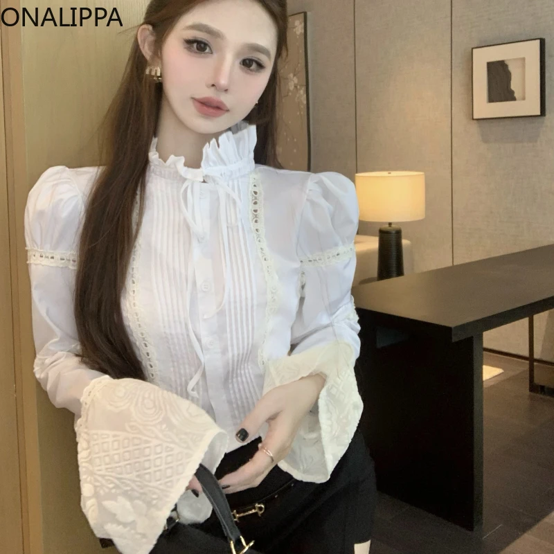 Onalippa Small Fragrance Victorian Blouse White Stand Collar Wood Ear Hem Lace Up Bows Shirts French Hook Flower Womens Tops