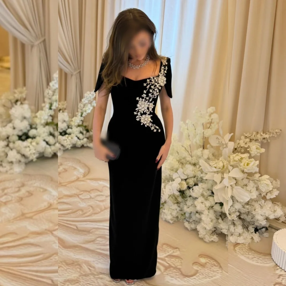 

Customized Formal Evening Dress Rhinestone Chic Square Neck Straight Black Long Dresses Bespoke Occasion Elegant Party Wedding