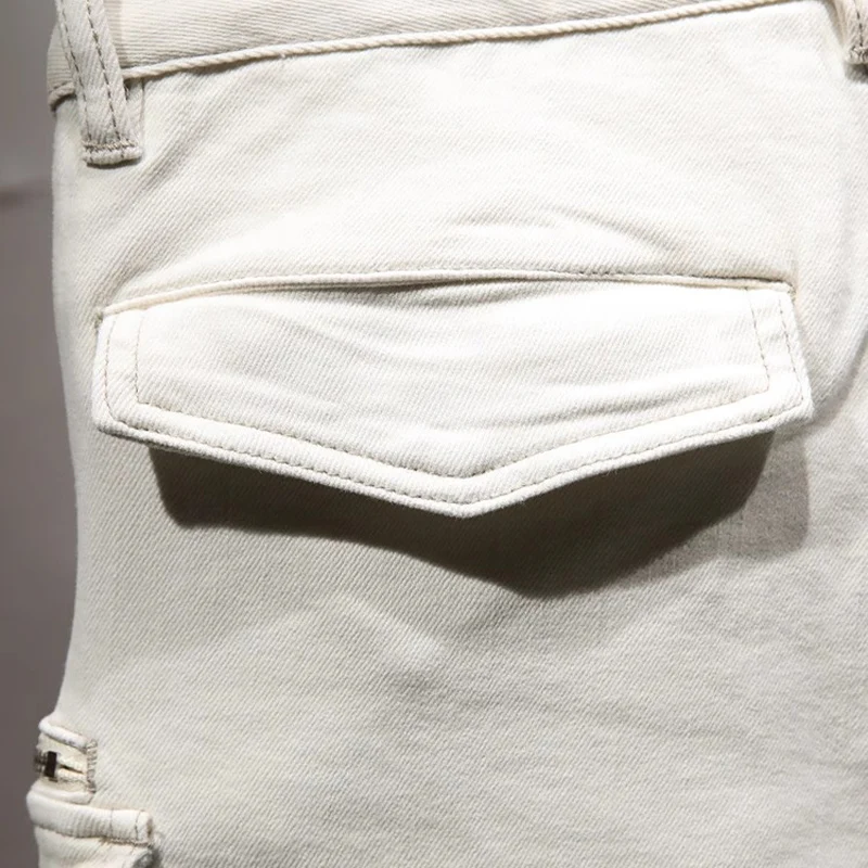 Street Designer Fashion Men Jeans Beige White Stretch Slim Fit Multi Pockets Denim Cargo Pants Homme Spliced Hip Hop Biker Jeans