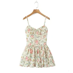Print Short Spaghetti Strap Skirt Backless Dress Women Flower Summer Casual Mini Sleeveless Dresses Coquette Fashion Clothes Y2k