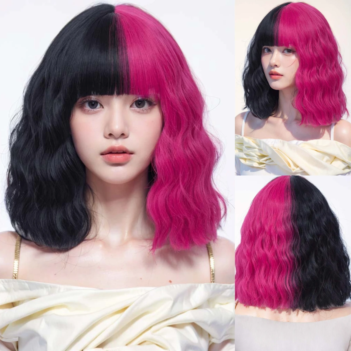 

Синтетический короткий вьющийся парик черного и розового цвета, двухцветный парик с челкой в стиле боб для женщин, косплей, вечеринка в стиле Лолиты, ежедневные искусственные волосы
