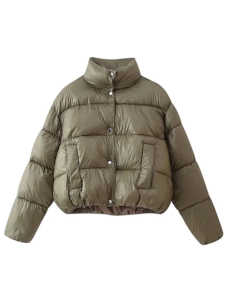 Hh moda feminina jaquetas gola alta mangas compridas bolso único breasted curto casaco de algodão mulher chique rua casacos de inverno quentes