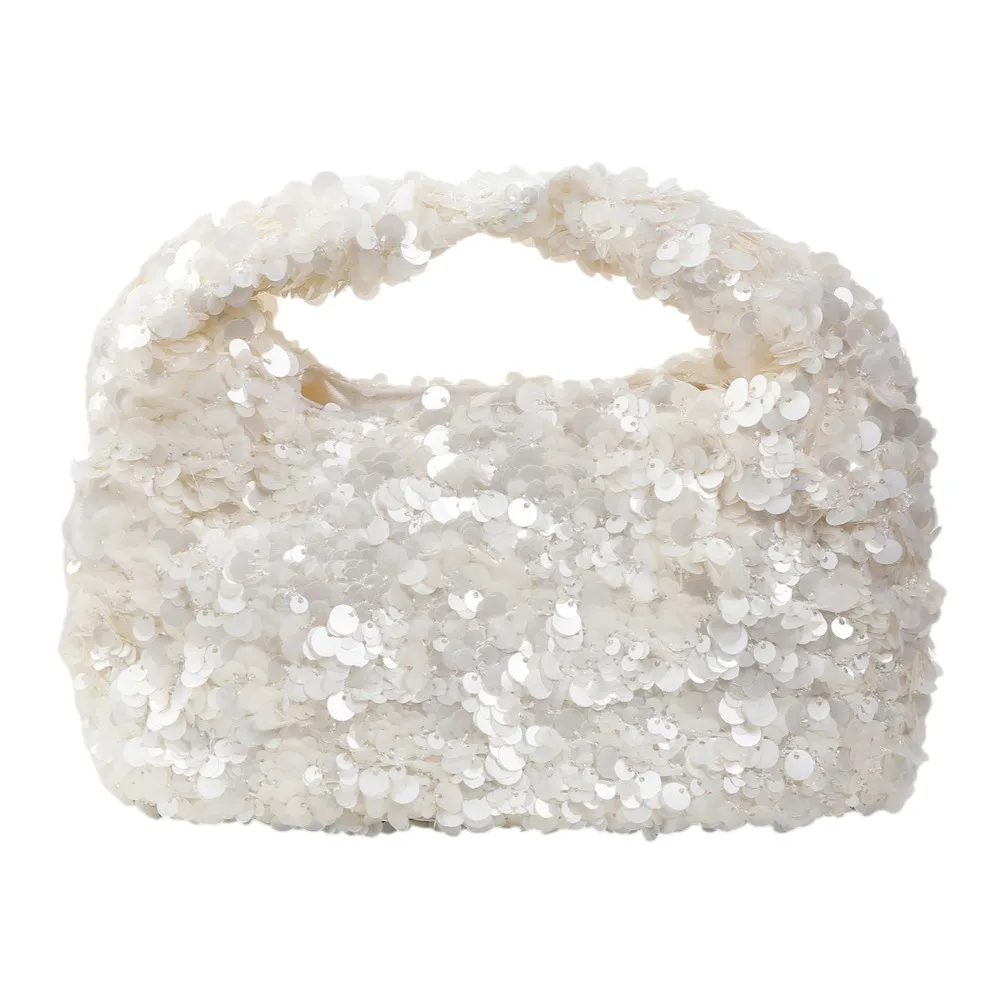 

Elegant White Hobo Handbag Sequins Small Bucket Bag Shiny Evening Clutch Bag Women