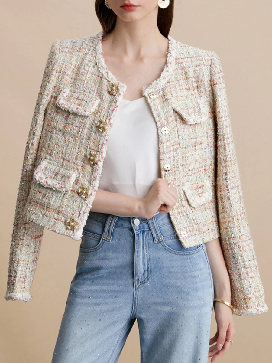 VGH التخسيس سترات قصيرة أنيقة للنساء جولة الرقبة طويلة الأكمام تقسم زر الخريف مزاجه سترة الإناث موضة جديدة