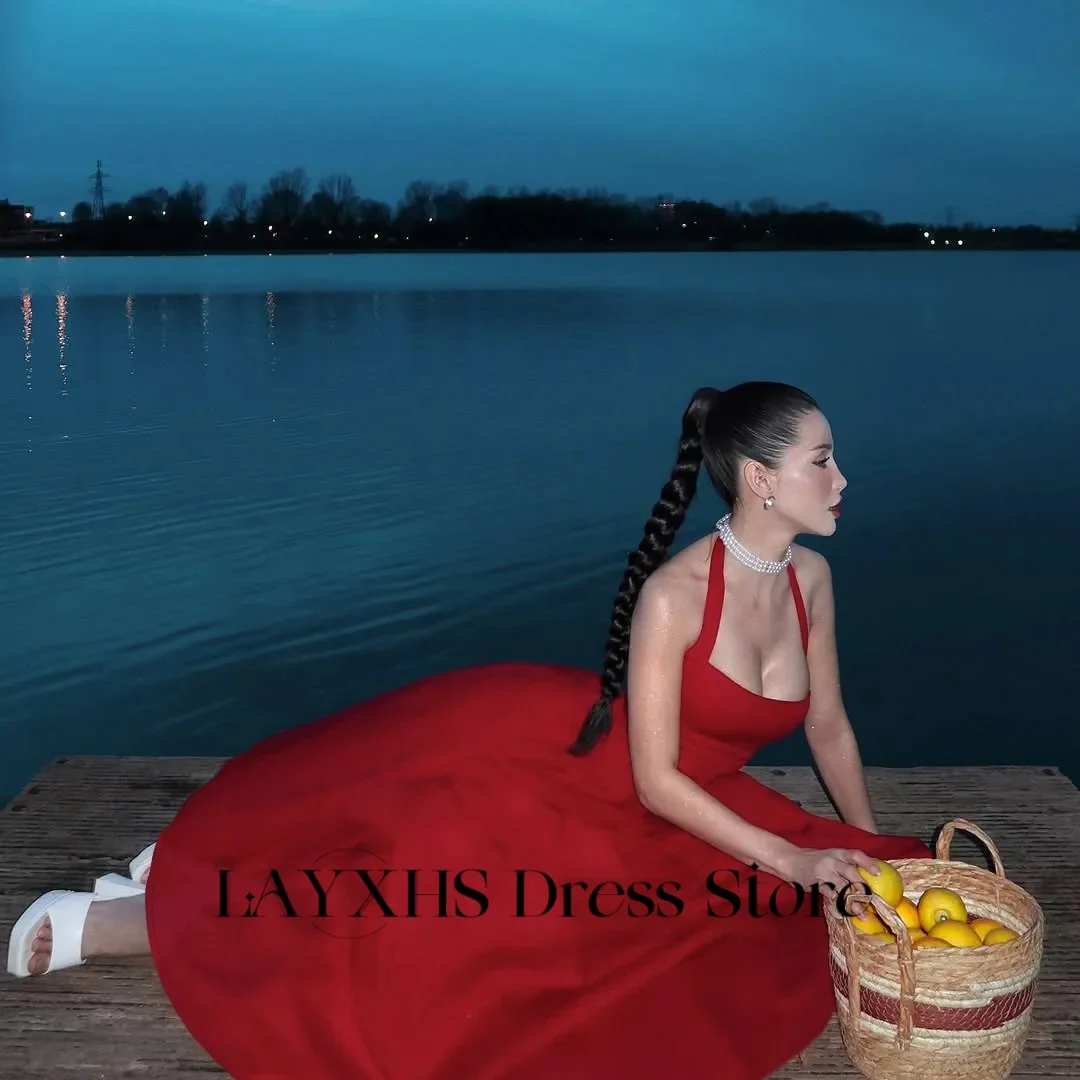LAYXHS Sexy Vermelho Halter Vestidos de Noite Backless A Linha de Tule Chá-Comprimento Vestidos de Baile Formais Personalizados فساتmaveraات