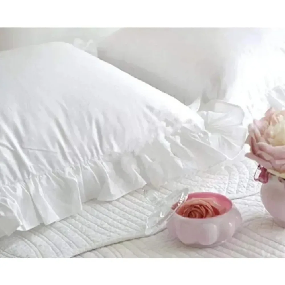 48x74cm 1 Pair of White Shabby Country Girl Cover Protector with Border Decorative Pillowcases with Ruffles