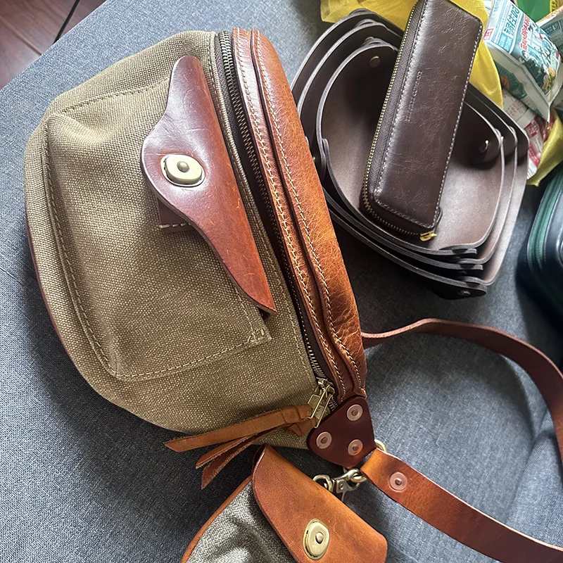 Retro Saddlebag Backpack Salt And Pepper Canvas Leather Motorcycle Crossbody Bag Youth Casual  Shaped Soft Handle Bag