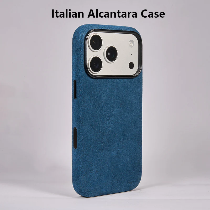 

Italian Alcantara Case for iPhone 17 Pro Max Soft Leather Phone Back Cover for iPhone 17 Pro Magnets MagSafe Camera Button Blue
