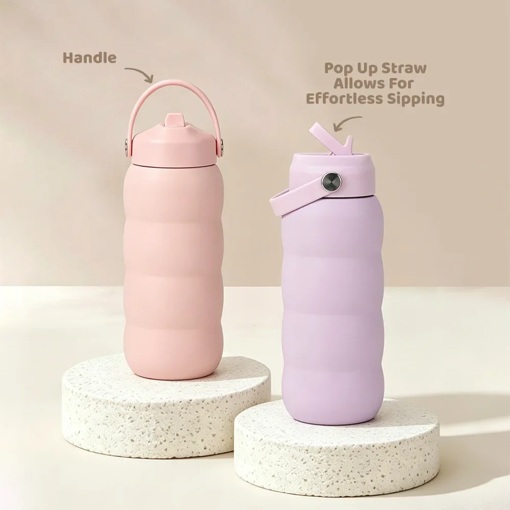 600ml Sports Thermal Water Bottle with Straw and Handle For Gym Camping,Double-wall Stainless Steel,Portable Sipper Thermos Cup