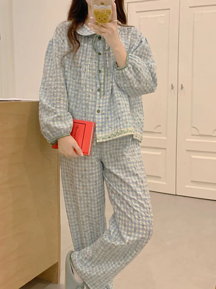 New Print Simple Sweet Korean Plaid Fashionable Autumn Long Sleeve Pajama Set Women Loose Elegant Casual Comfortable Sleepwear