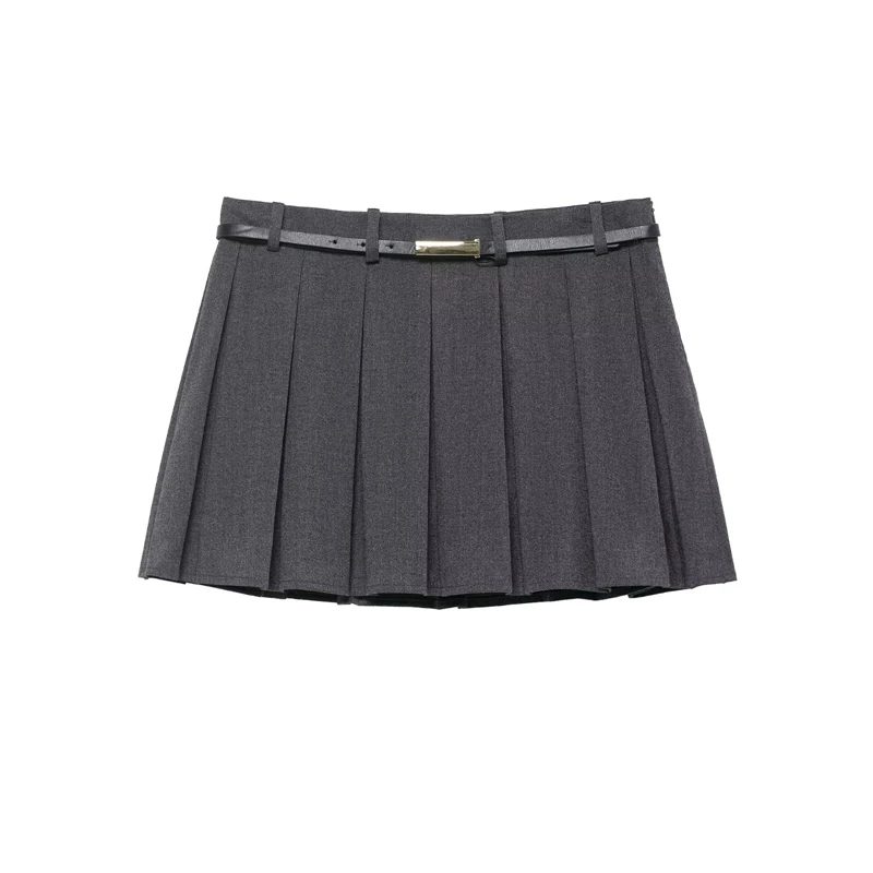レディース グレー プリーツ ミニスカート ベルト付き - プレッピースタイル ハイウエスト 制服風スカート デイリー＆パーティーウェア
