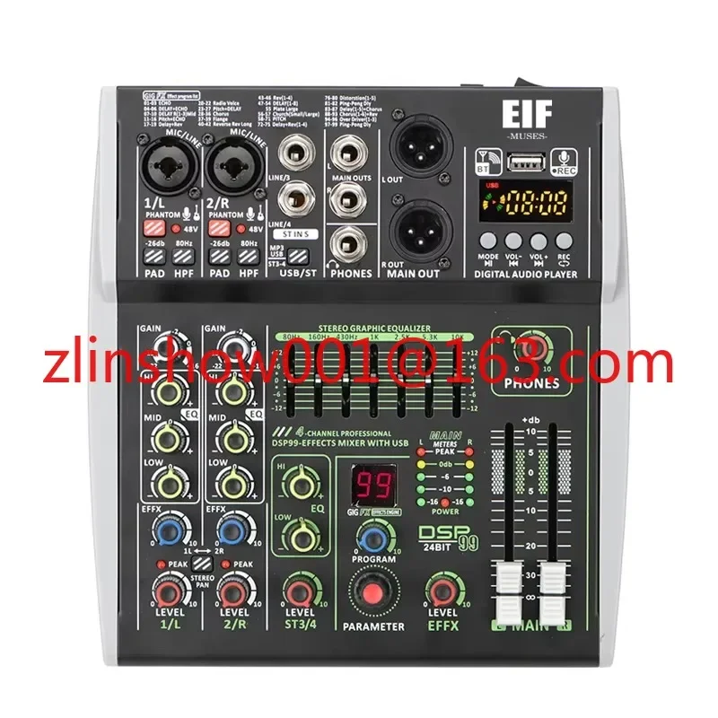 EIF Mixer 4 Channel Stereo 48V Phantom Power DSP Effects Bluetooth USB Computer Play Record Podcast Audio mixer