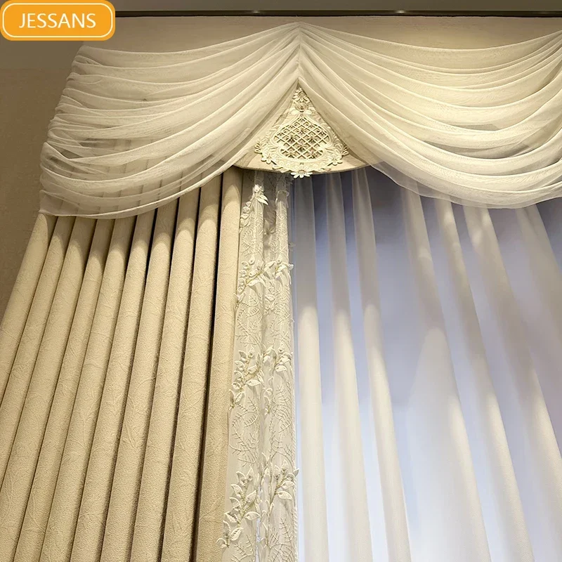 

New Customized Villa Milk Tea Color Embossed Jacquard Chenille Lace Stitching Curtains for Living Room Bedroom Finished Product