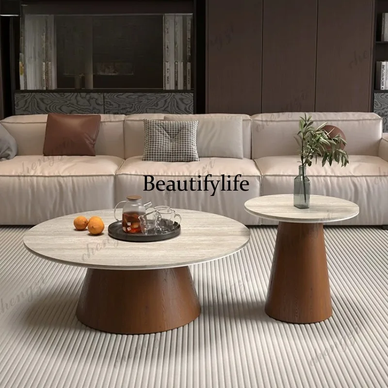 A73 Italian simple travertine rock slab round coffee table modern simple living room household light luxury round coffee table