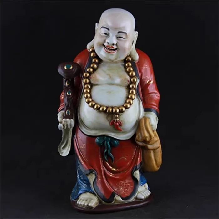 Rare Old China Qing Dynasty pastele porcelain statue,Painting Gold Maitreya Buddha antique collection display