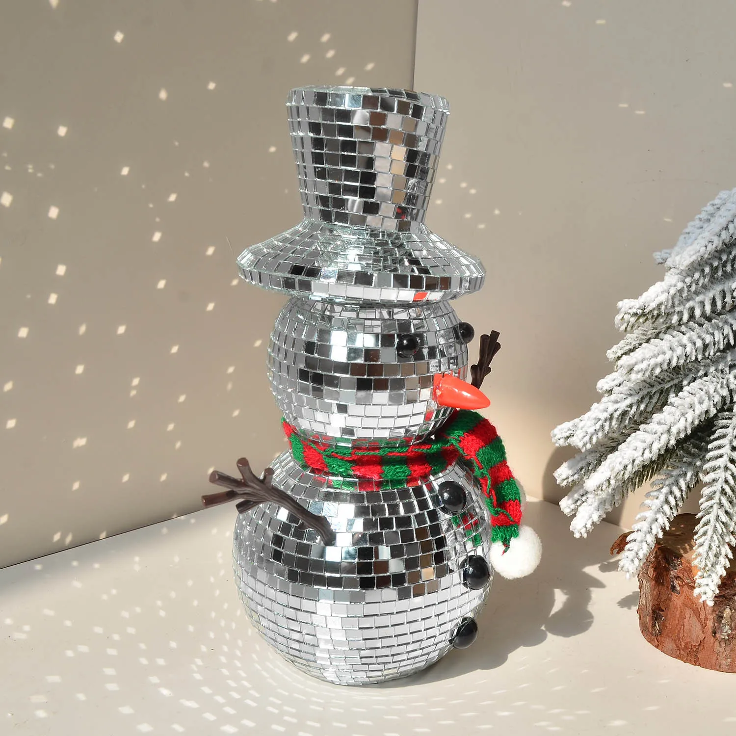 Disco Ball Snowman with Knitted Scarf and Hat Reflective Miniature Home Decor