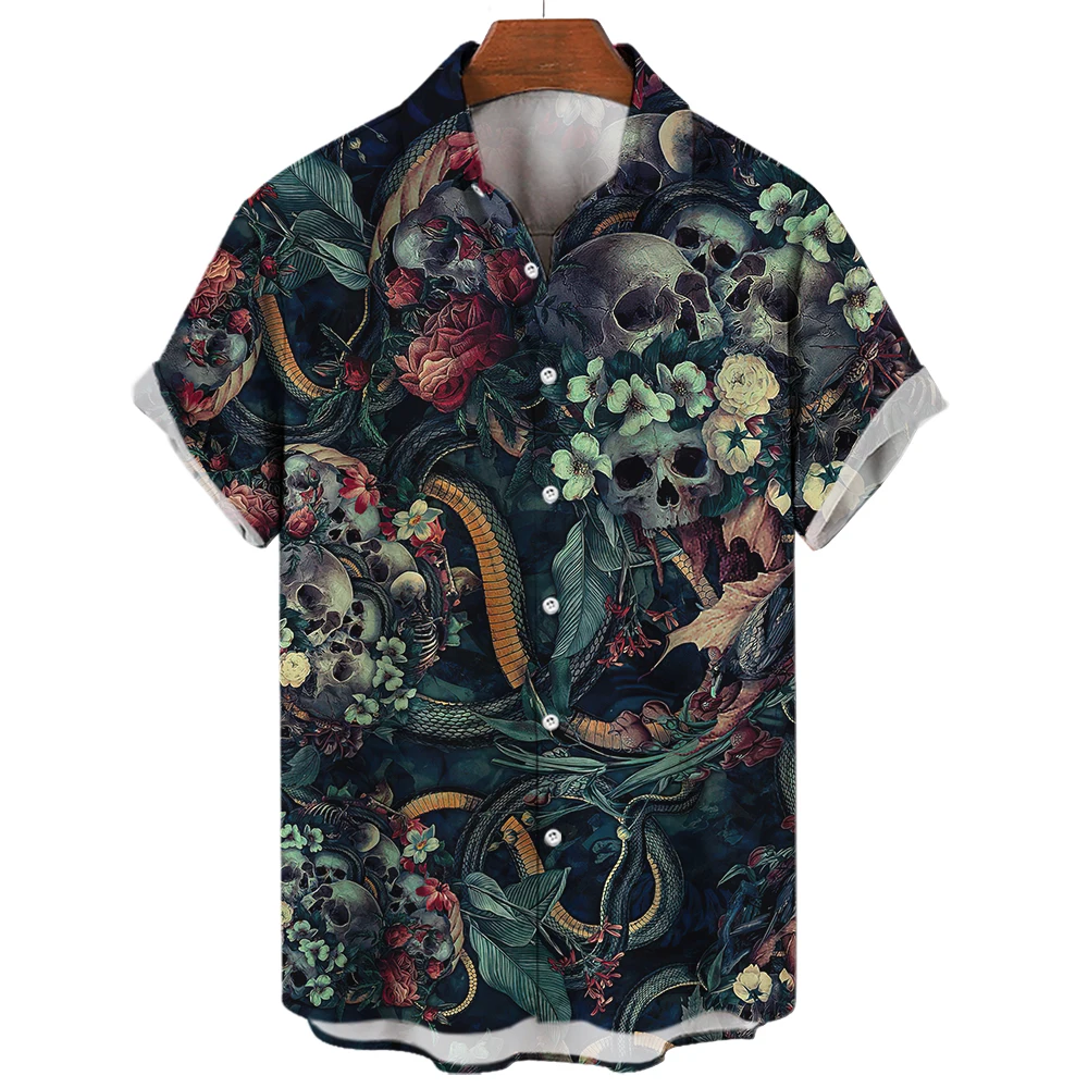 Men\'s Oversized Hawaii Skull Shirts High Quality Summer Daily Social Blouse Streetwear Harajuku Tops Gothic Short Sleeve Button