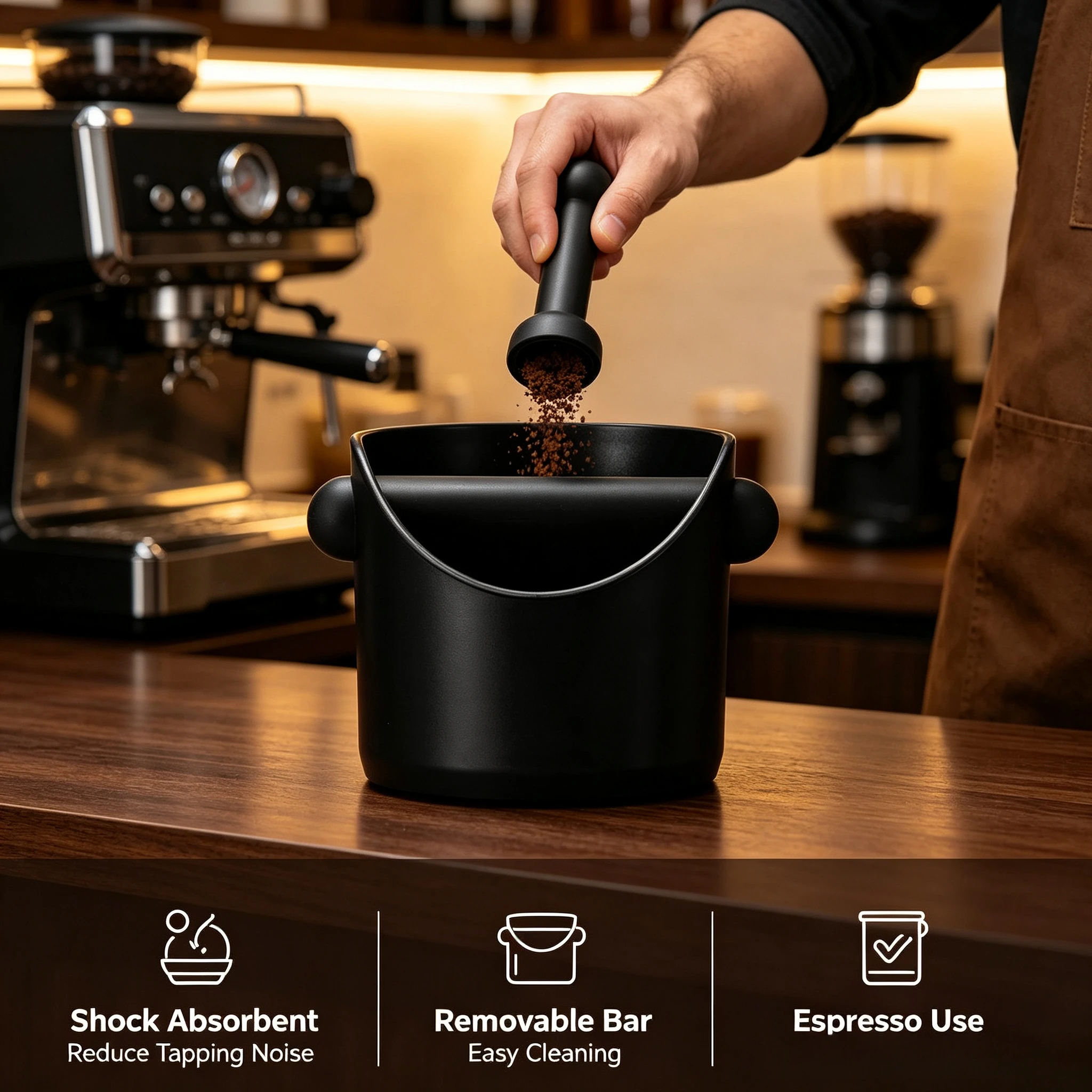 Shock-Absorbent Coffee Knock Box Anti-slip Espresso Dump Bin For Coffee Grounds With Removable Knock Bar Coffee Grind Waste Bin