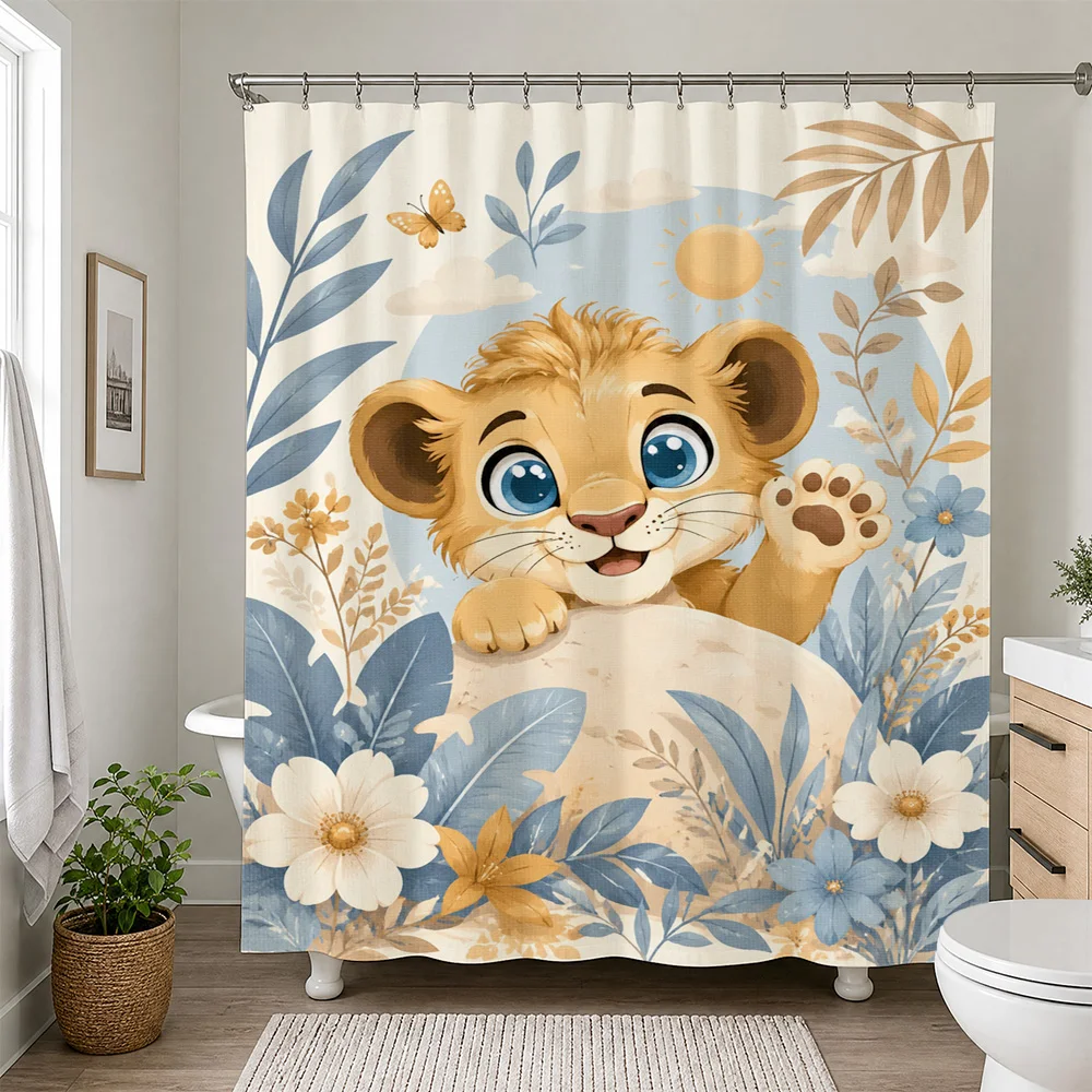 Cute Lion Cub Jungle Safari Shower Curtain Bathroom Decor Watercolor Floral Animals Kids Nursery Shower Curtain