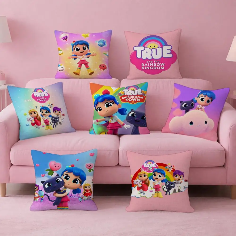 Cartoon True and the Rainbow Kingdom Cushion Cover Pink Theme Linen‑Texture Double‑Sided Pillow Cover for Sofa Home Decor