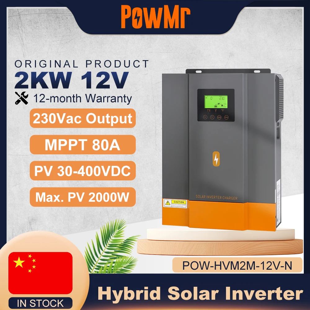 PowMr 2KW 220V Hybrid Solar Inversor Pure Sine Wave Charging 12V Battery With 80A MPPT Solar Charge Controller Max PV 400VDC
