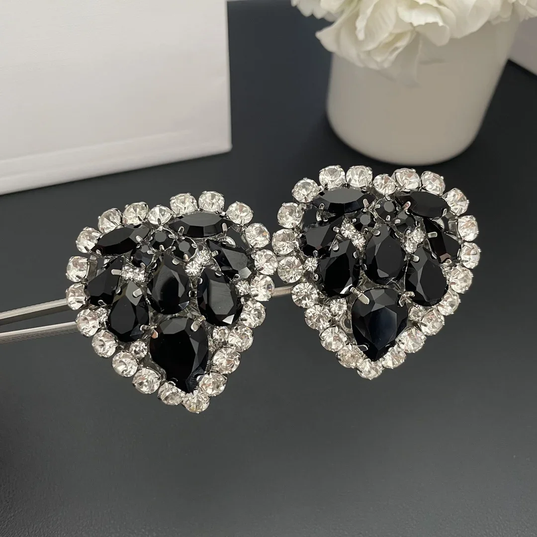 

Europe America Designer Brand Black Crystal Heart Earring Large Ear Clip Woman Fine Jewelry Party Trend