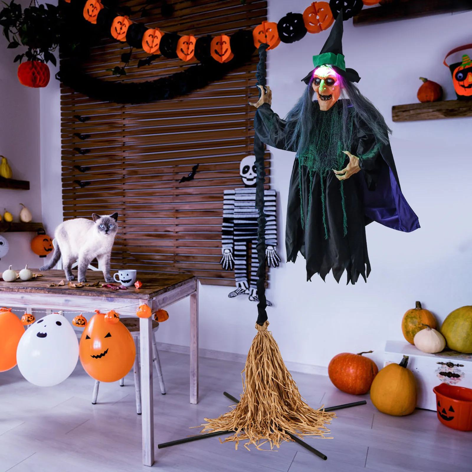 Witch with Broomstick Halloween Animatronic, Life Size Animated Halloween Prop with Laughing and Screaming Sound, LED Lights