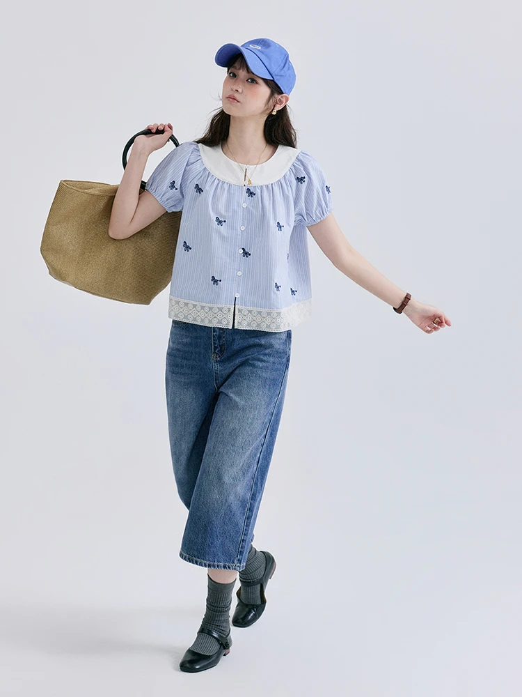 AMUU Original Pure Cotton Lace Patchwork Short Shirt Women's Summer New Style Korean Style Commute Bubble Sleeve Breathable