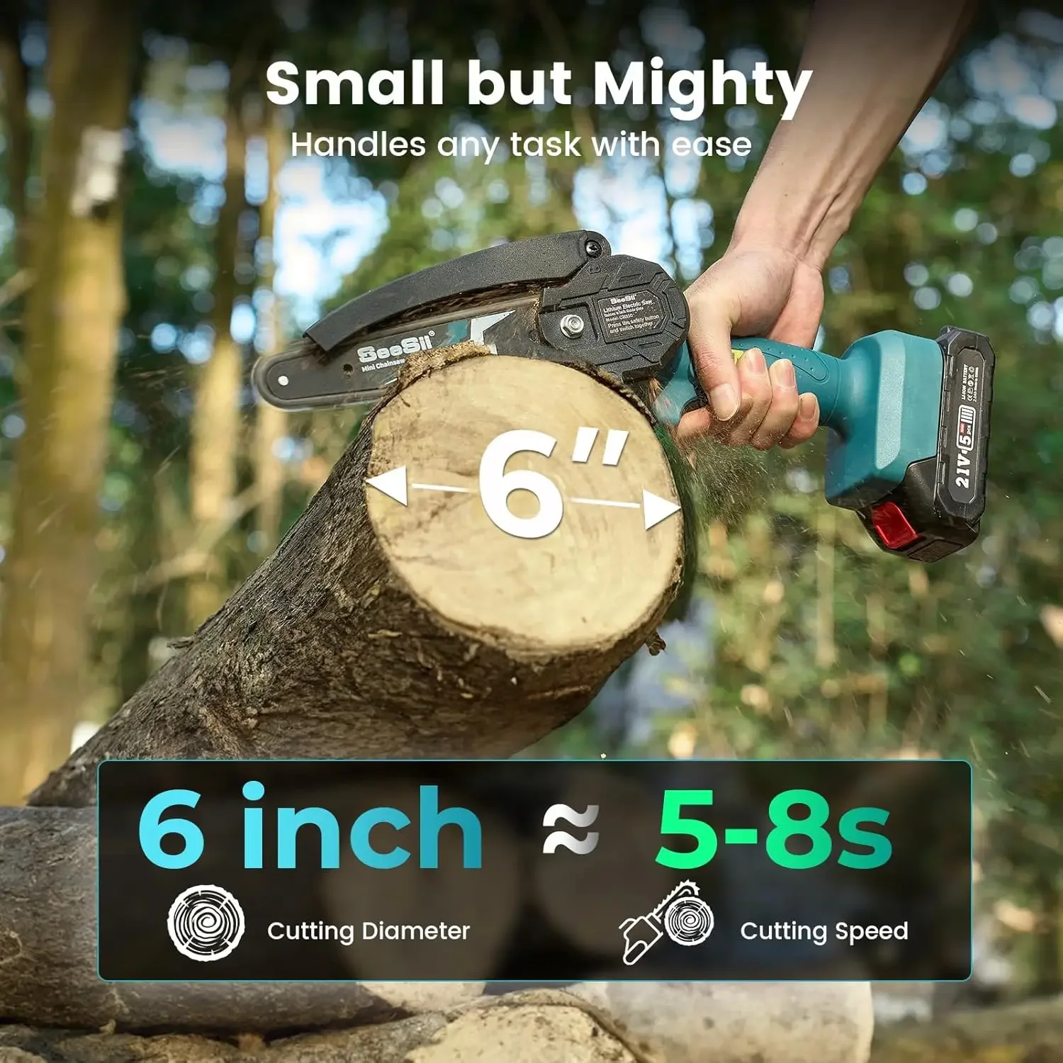 Seesii Cordless Mini Chainsaw 6“ Handheld Electric Power Brushed Chain Saw for Tree Trimming Wood Cutting Electric Pruning Saws