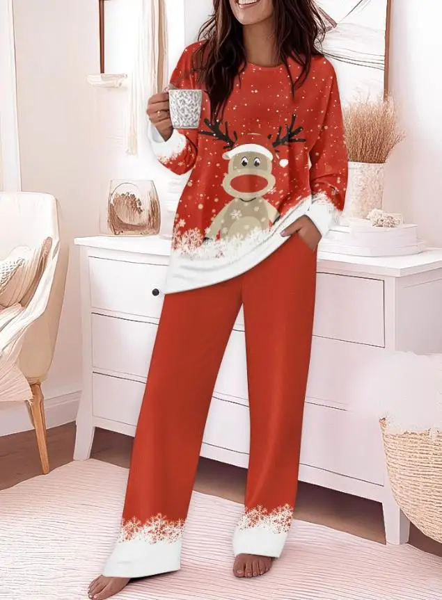 

Two Piece Set Women Outfit 2025 Spring New Reindeer Placement Print Long Sleeve Top & Elastic Waist Causal Pajamas Pants Set