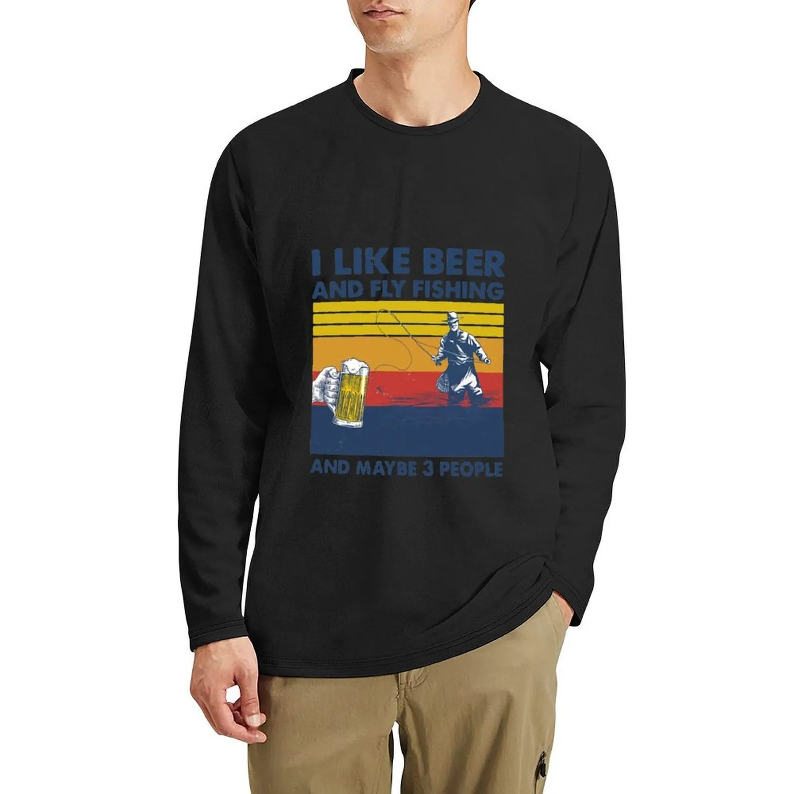

I LIKE BEER AND FLY FISHING MAYBE 3 PEOPLE VINTAGE Long T-Shirt tees boys animal print shirt black t shirts men clothing