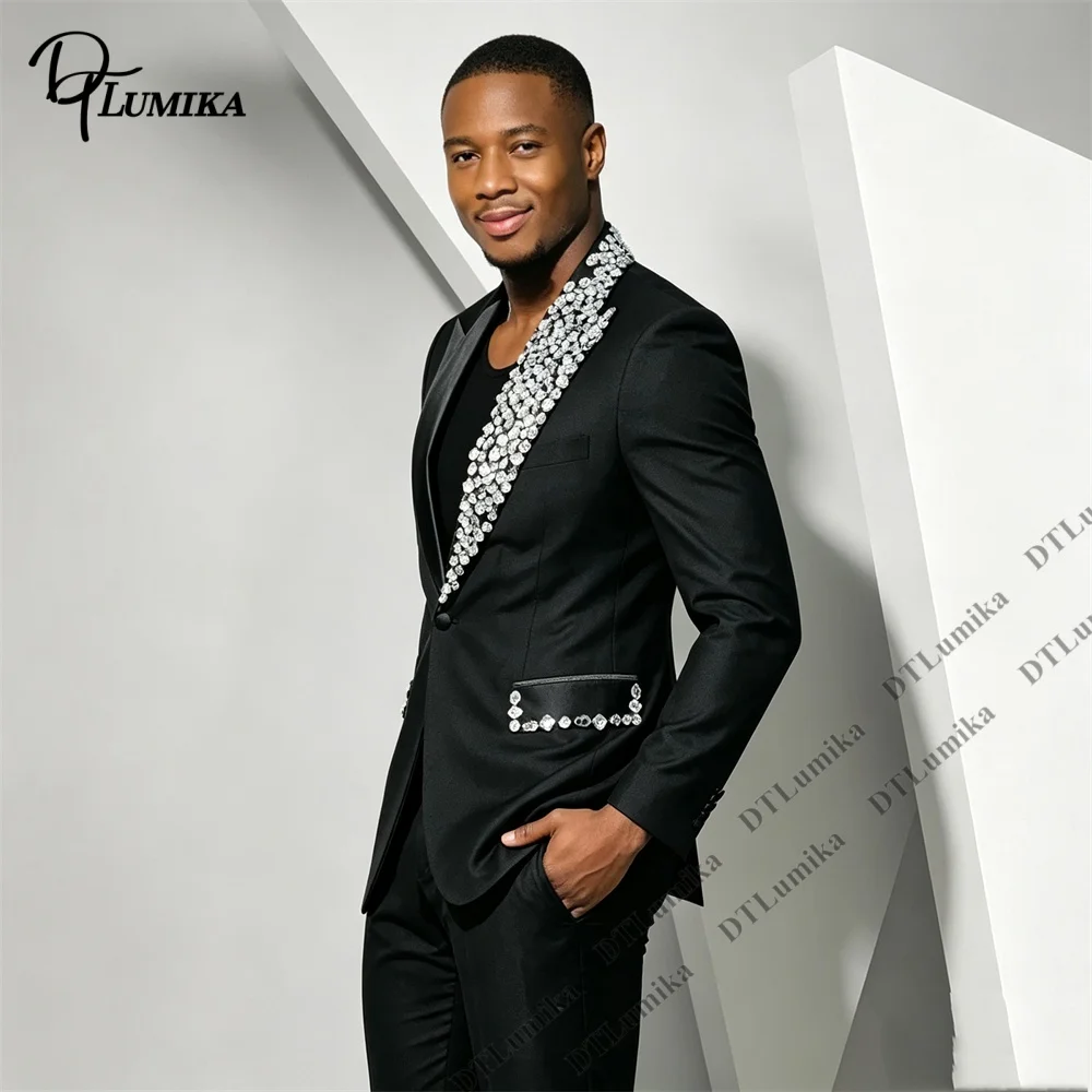 Men's 2 Piece Black Suit Silver Rhinestone Asymmetric Lapel Slim Fit Tuxedo Wedding Prom Party Formal Dinner Blazer Pants