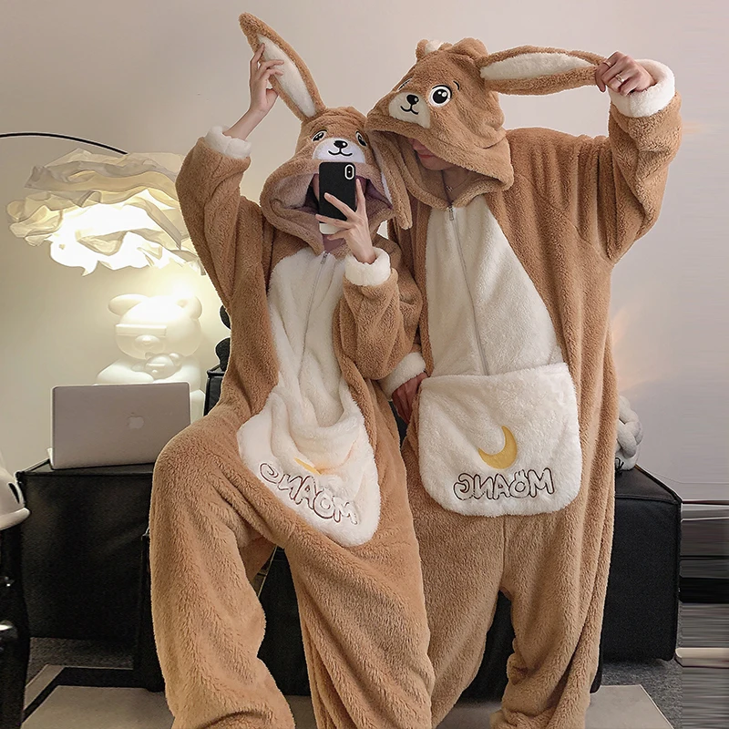 kangaroo Couples Pajamas Jumpsuits  Women Men Adult Winter Thicken Hooded Pyjamas Sleepwear Korean Loose Onesie Soft Warm Home