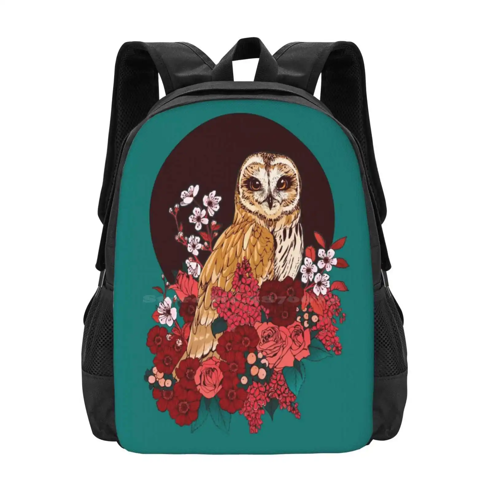 Owl Floral Hot Sale Backpack Fashion Bags Flowers Blossoms Plum Roses Short Eared Owl Teal Gold Pink Lupins Night Moon Inked