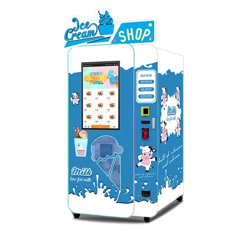 Vending Self Service Coin Operated Robot Soft Serve Milkshake Frozen Nuts Topping Ice Cream Pint Vending Machine