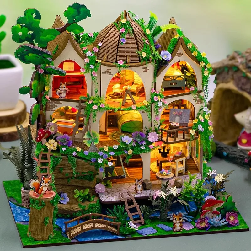 Diy Wooden Forest Castle Cottage Miniature Building Kits Doll Houses With Furniture Casa Dollhouses For Friends Birthday Gifts