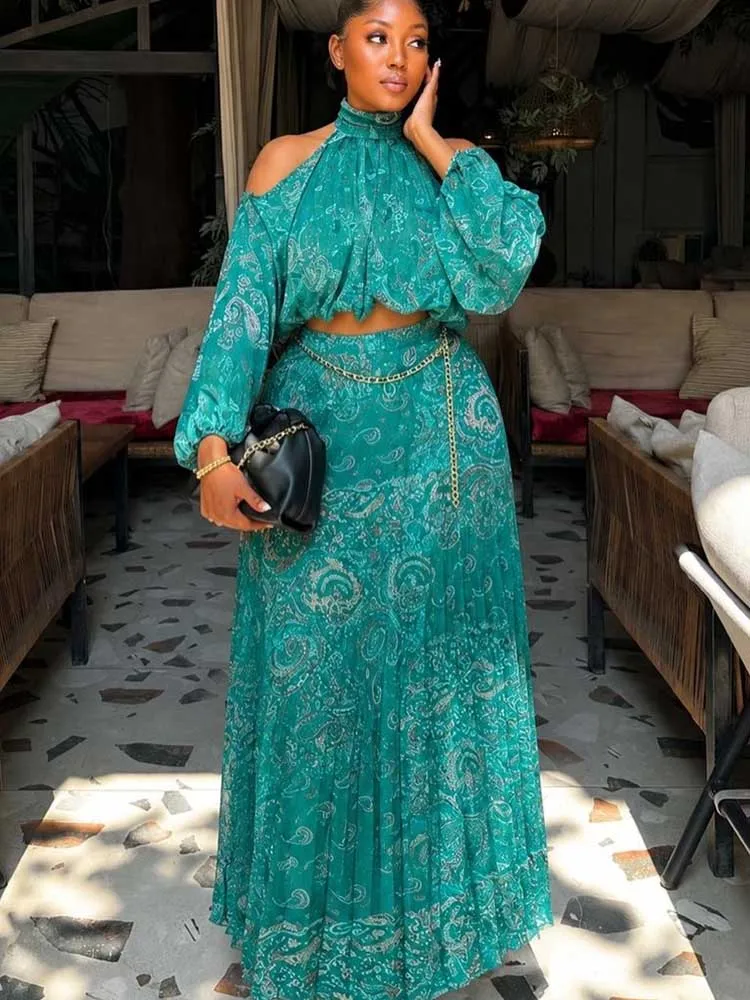 Skirt Sets Woman 2 Piece Outfit Long Sleeve Off The Shoulder Halter Neck Blouse and High Waist Pleated Skirt Chic Summer Set image 6