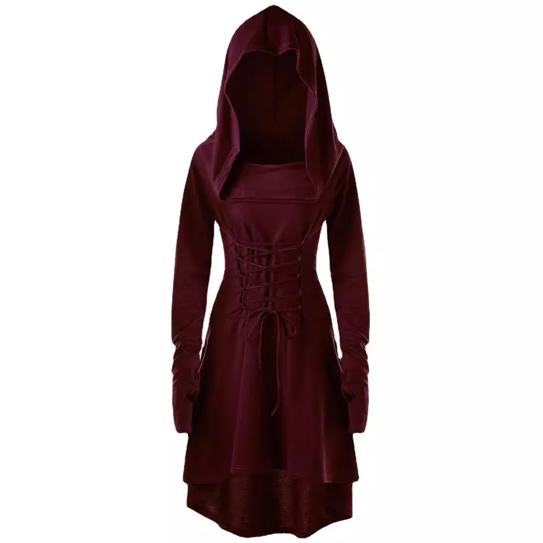 Women Gothic Dress Medieval Cosplay Archer Costumes Hooded Robe Lace Up Pullover Long Sleeve Hoodie Dress Cloak Halloween Party