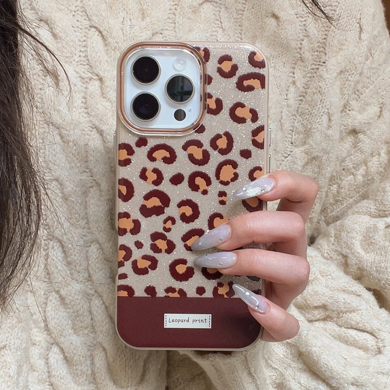 

Cool Shiny Bling Glitter Leopard Print Phone Case For iPhone 16 15 13 14 Pro Max IMD Silicone Back Cover Shell