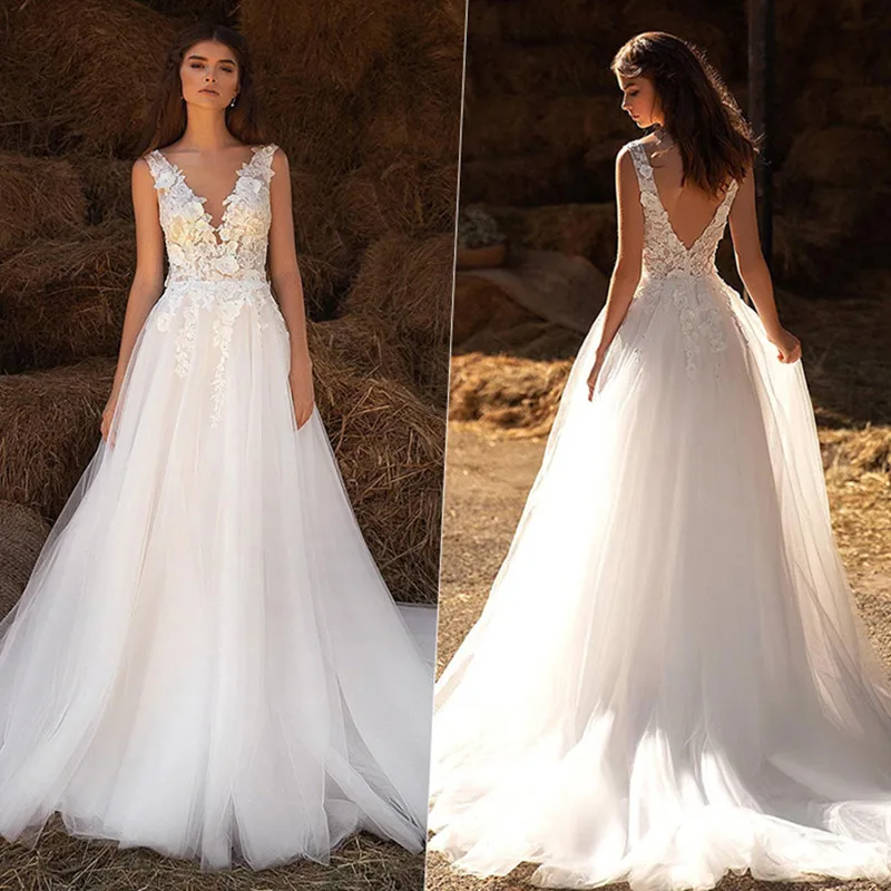 

Beach V-Neck Wedding Dresses For Women 2023 Simple Backless Lace Sleeveless Tulle Bride Gown Customized 0077