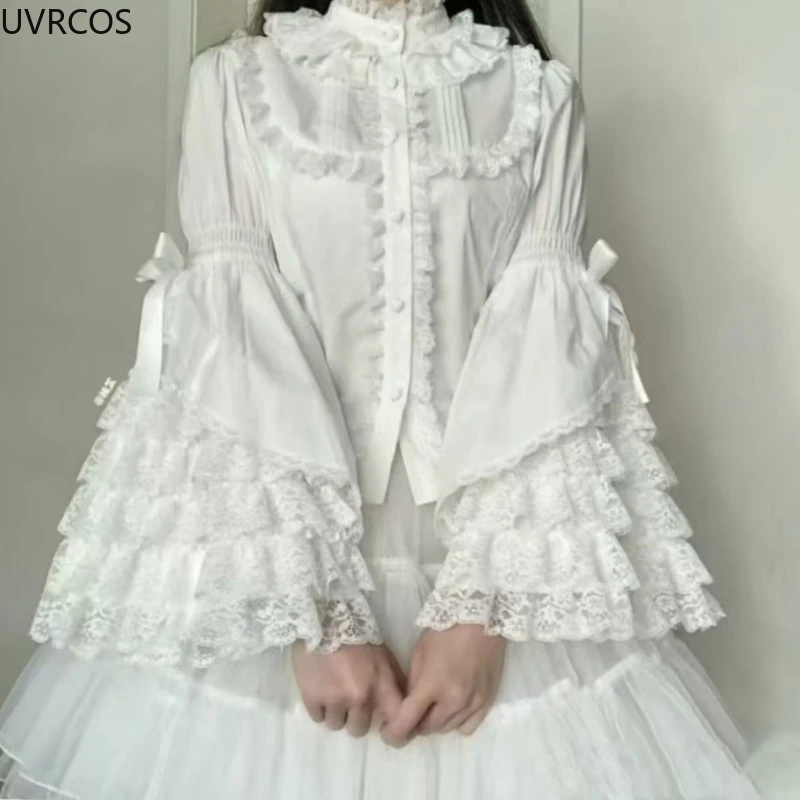 Japanese Sweet Cute Lolita Flare Sleeve Bow Shirts Women Y2k Aesthetic Lace Patchwork Blouse Kawaii Girl Loose Blusas Mujer Tops