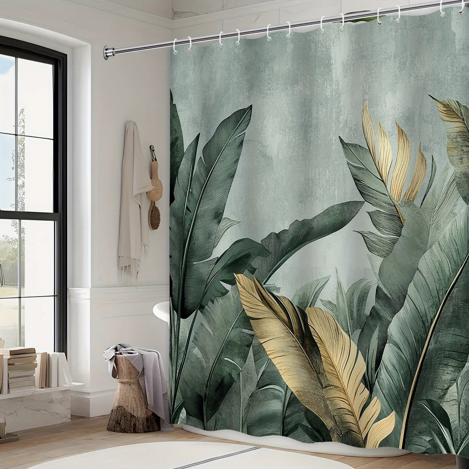 Lush Tropical Leaf Shower Curtain - Vibrant Green & Yellow on Teal, Nature-Inspired Design, Polyester,  Machine Washable