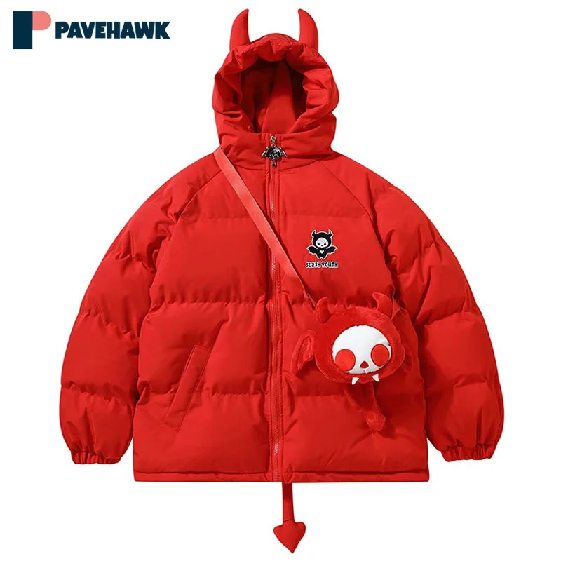 

Hip Hop Padded Parkas Men High Street Devil Horns Designer Women Y2K Clothes Hooded Down Jackets Winter Warm Thicken Puffer Coat