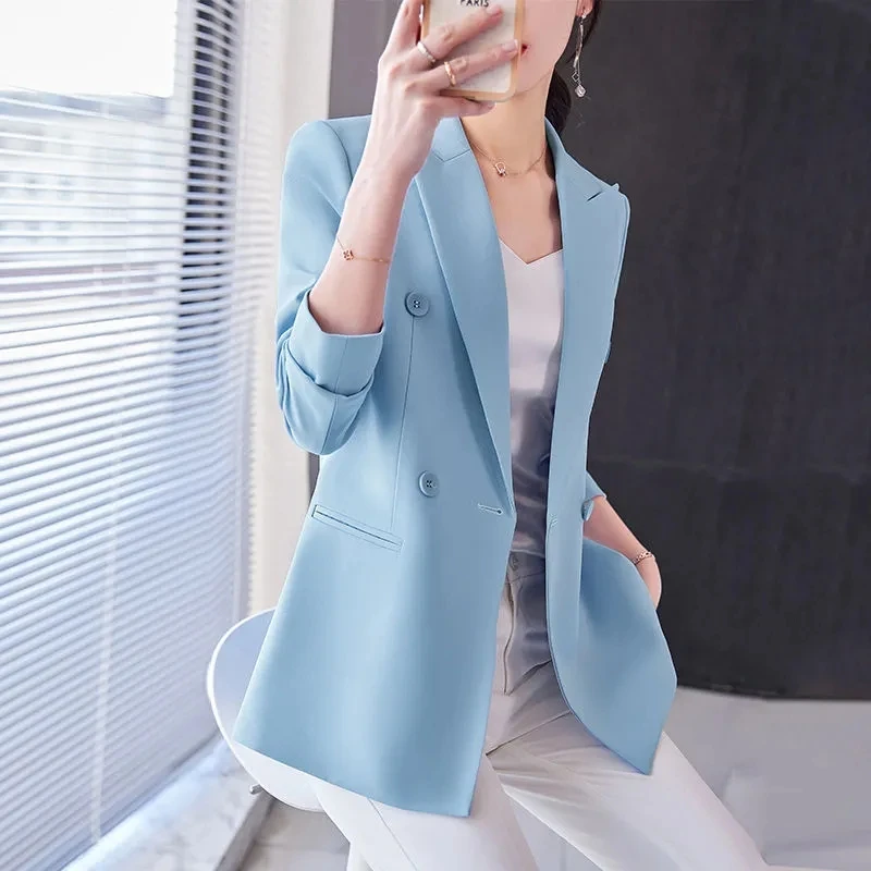 新しい女性秋冬生き抜くブレザーブルーアプリコットコーヒー黒女性長袖ダブルブレストブレザージャケットレディースコート