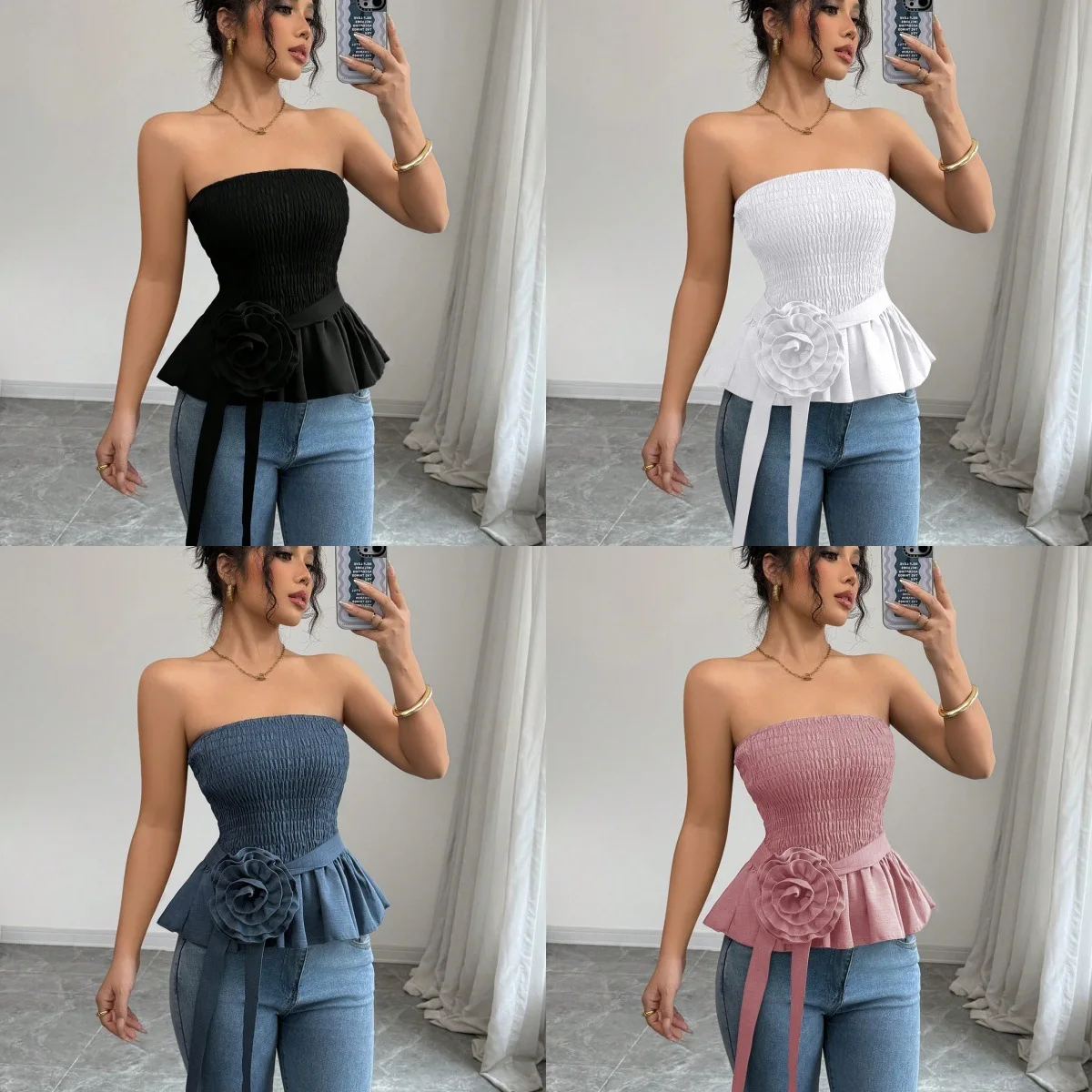 

2025 New Solid Color Strapless French Style Unique Beautiful Crop Top